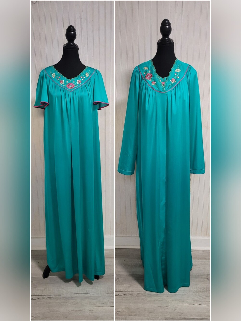 ​NWT Vintage 80s Shadowline Satin Lustre Nightgown Robe Set Emerald Aqua Small